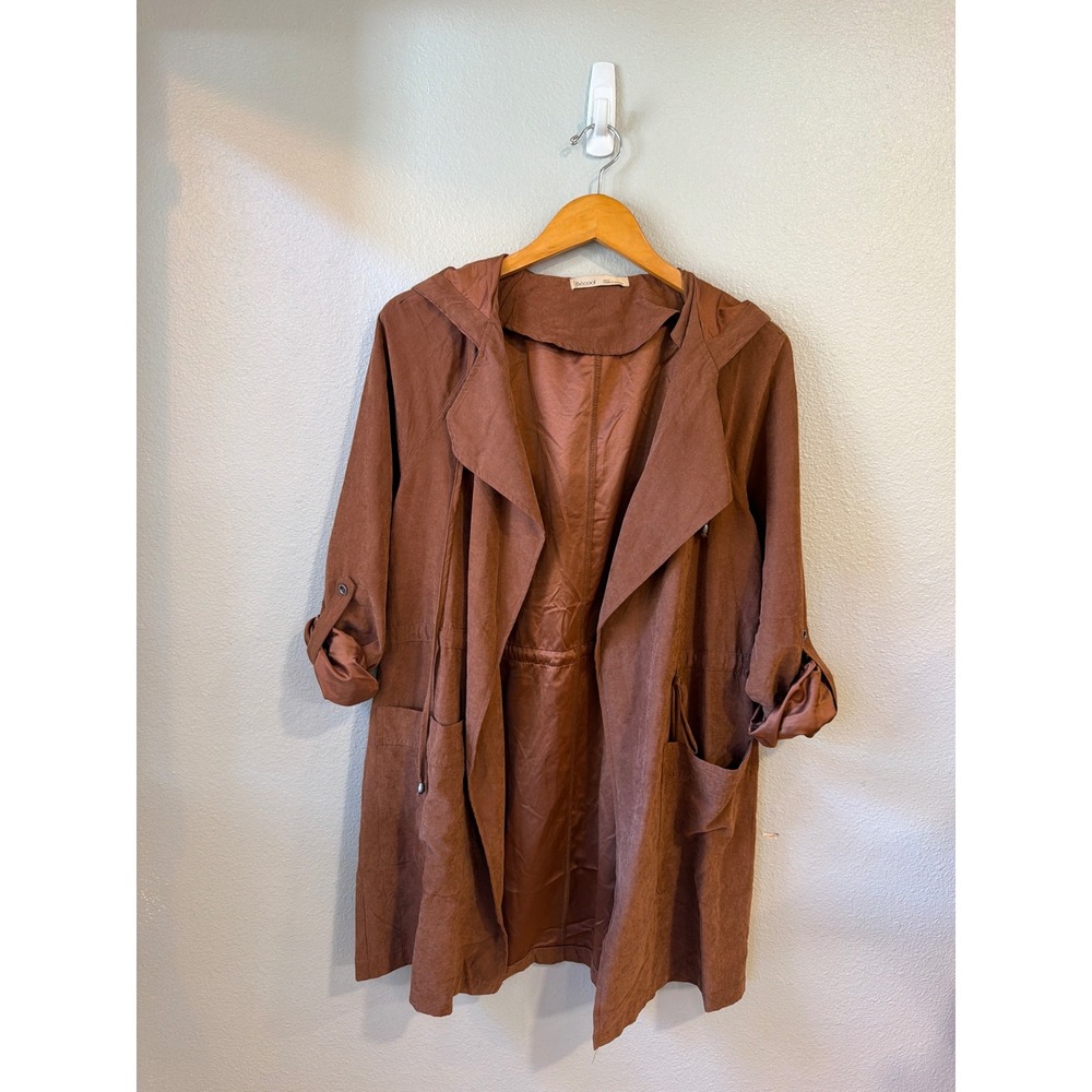 Becool Duster Jacket Women Large Brown Hooded Faux Suede Drawstring Waist‎ Coat